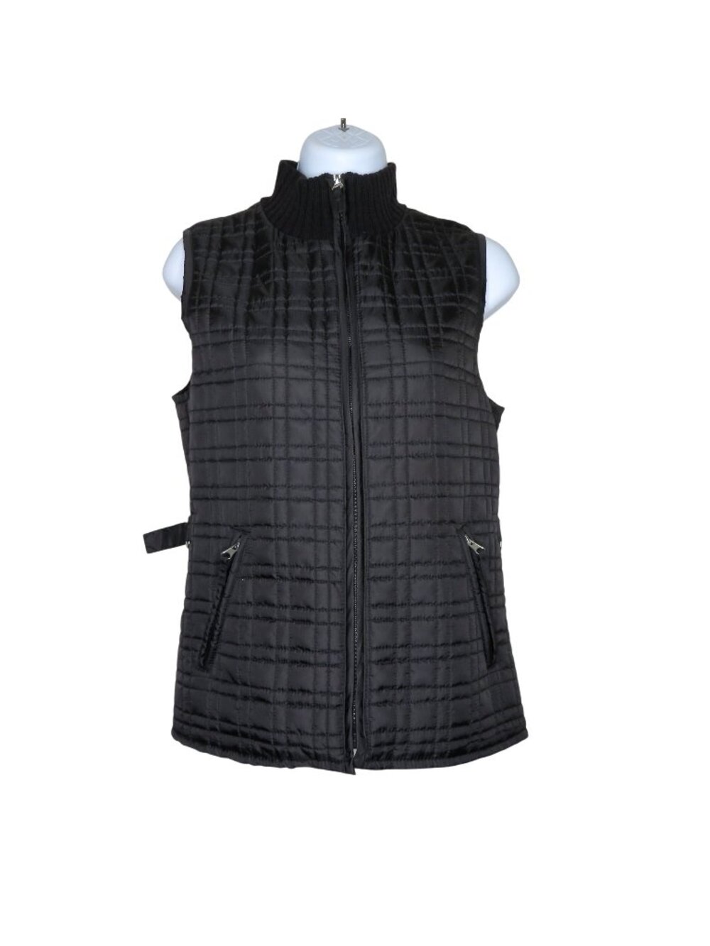For Cynthia Petite PM Black Quilted Vest Nylon Front Cotton-Acrylic Knit Zip Up